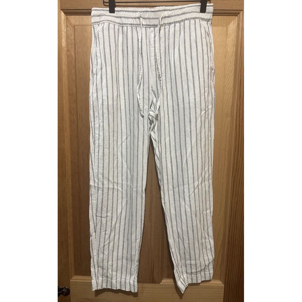 Gap Women's Linen Blend Easy Pant Cream Striped Loungewear Pockets Khaki Size XS